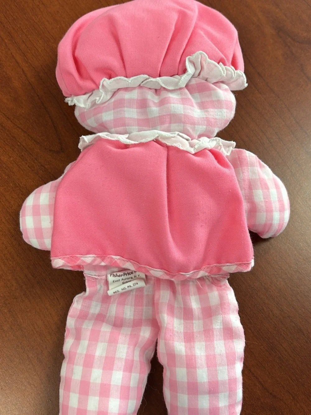 Vintage Fisher-Price Pink Gingham Plush Doll with Pink Dress and Interior Rattle